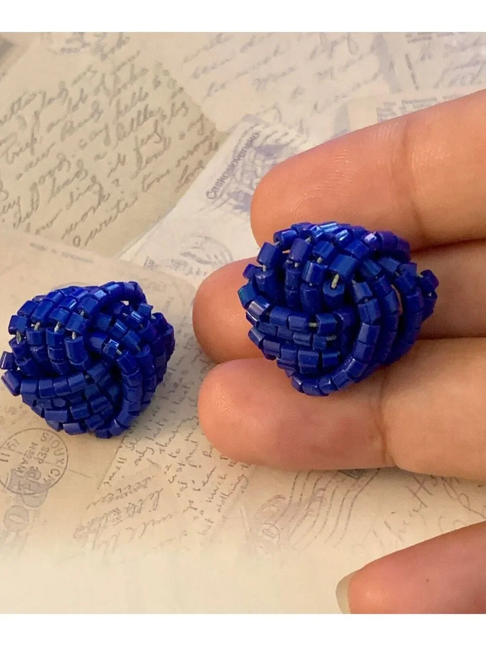 Vintage Bold Blue Beaded Knot Earrings - Statement Studs for Fun Style
